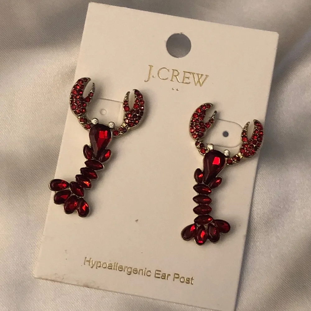 J. Crew Factory Silver Tone & Red Crystal Encrusted Lobster Drop Earrings NWT